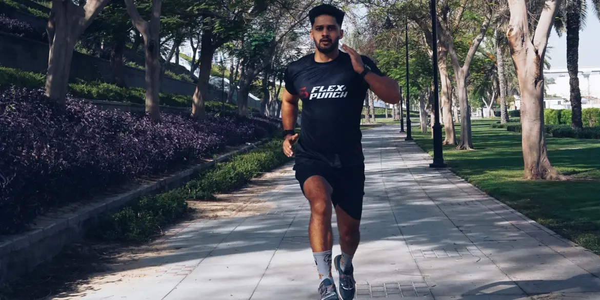 A closeup of FlexAndPunch fitness trainer jasir zarkoob running